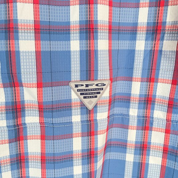 Columbia PFG Men's blue & red PFG loop collar camp fishing shirt Mint Cond L - Picture 5 of 8